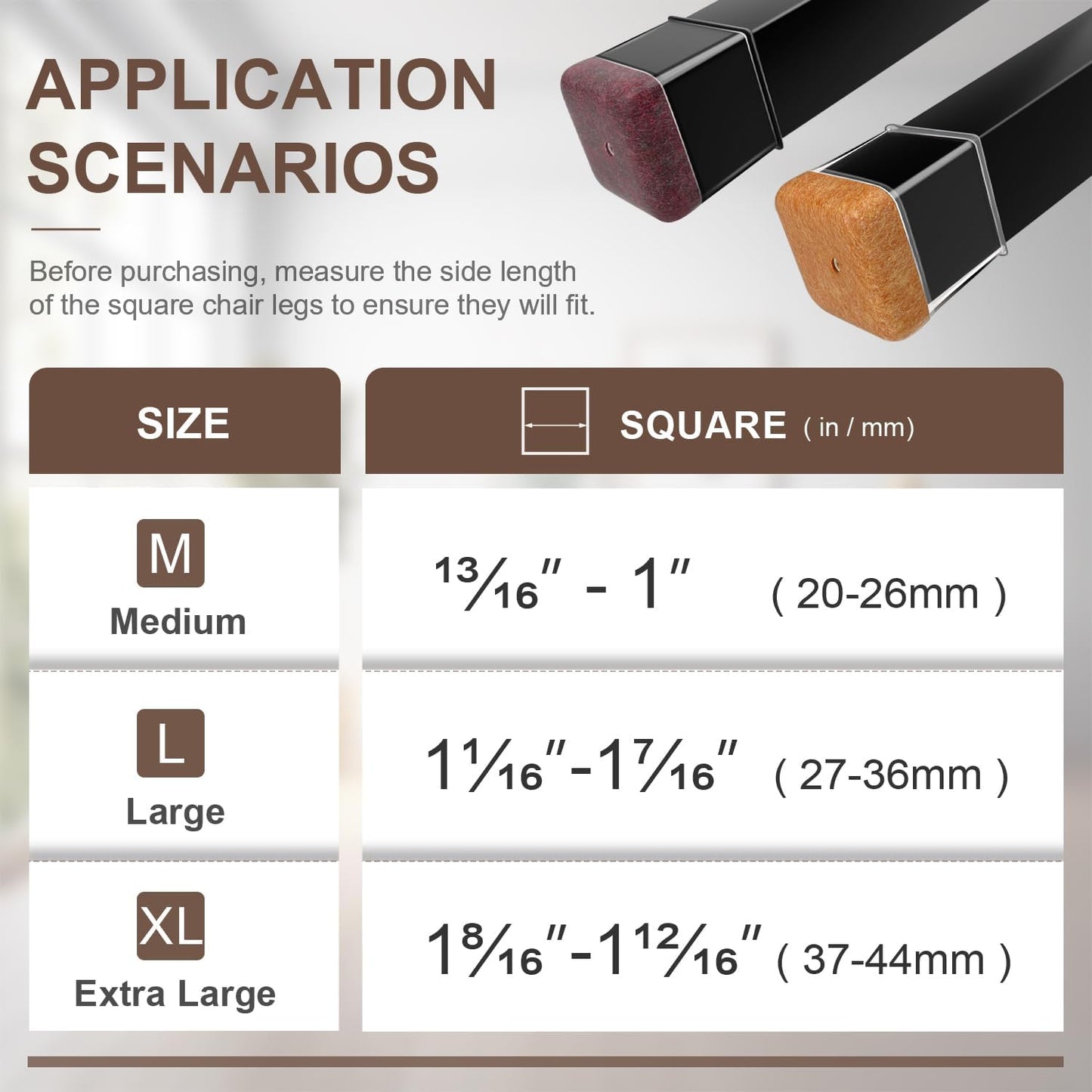 40 Pcs Chair Leg Floor Protectors for Hardwood Floors, Black Rubber Furniture Sliders with Felt, Silicone Furniture Leg Caps Covers (Fit Square Diameter:1.06" to 1.44")