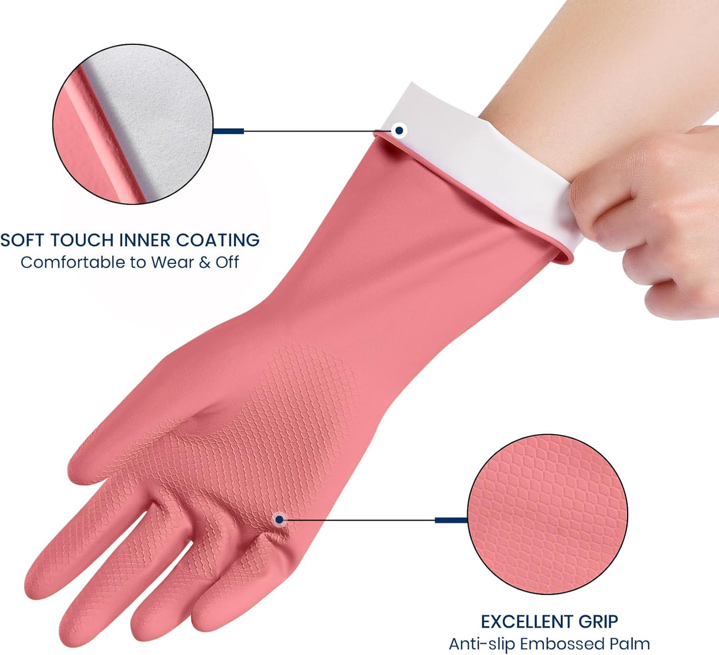 Rubber Cleaning Gloves for Dishwashing, 4 Pairs Reusable Kitchen Gloves for Washing Dishes and Household Cleaning, Pink Dish Gloves with Flocked Lining and Non-Slip Grip, Pefect for Woman Men - L