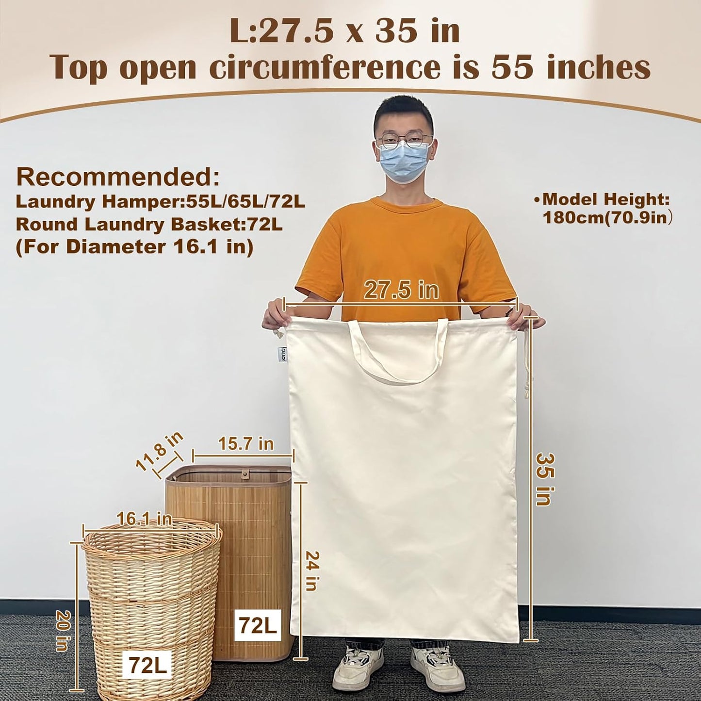 Canvas Laundry Bag with Handles & Drawstring Closure 27.5”x35", Thick Cotton Laundry Bag Heavy Duty Washable Dirty Clothes Travel Sack for Camp, College Dorm, Laundromat (Beige L, 2 Pack)
