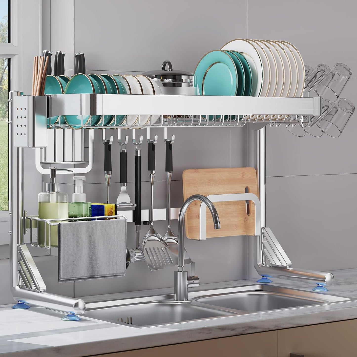 Over The Sink Dish Drainer Drying Rack, 2 Tier Adjustable Width (20.87'' to 37.6'') 304 Stainless Steel Large Over Sink Dish Drying Rack for Kitchen Counter Organizer, (Silver)