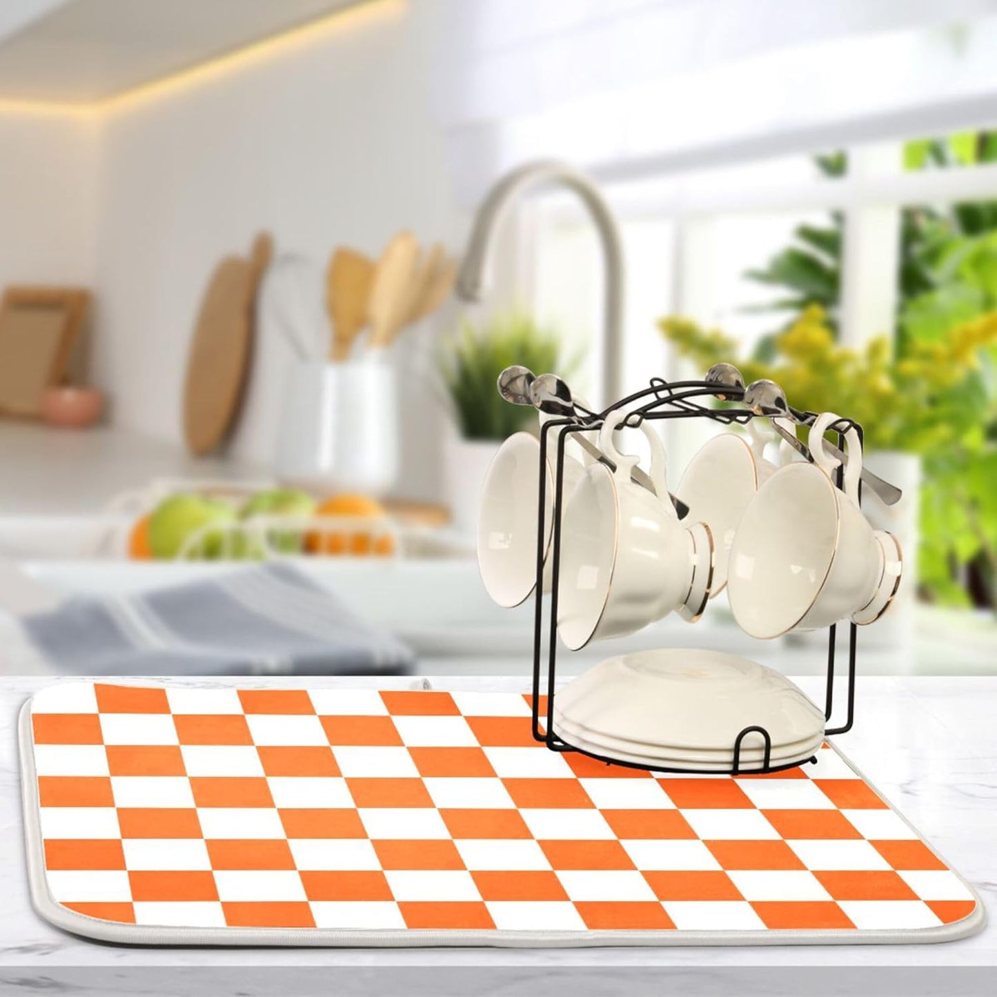Burnt Orange Chessboard Dish Drying Mat for Kitchen Countertop 18x24 Plaid Checkered Rectangle Large Drying Mat Reusable Quick Dry Dish Sink Absorbent Mats Easy Clean Decorative Home Essentials