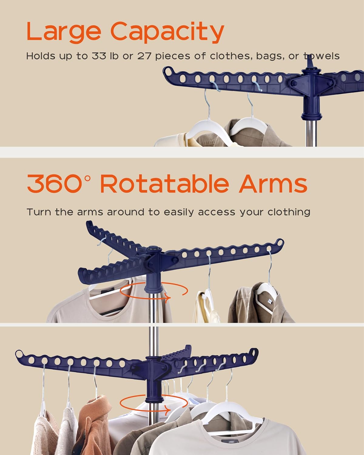 Clothes Drying Rack Foldable, 74.8 inch 2 Tier Laundry Drying Rack with Rotating Clothes Rail for 54 Pieces of Clothes, Space Saving, Indoor, Stainless Steel, Blue and Silver CDR002Q01