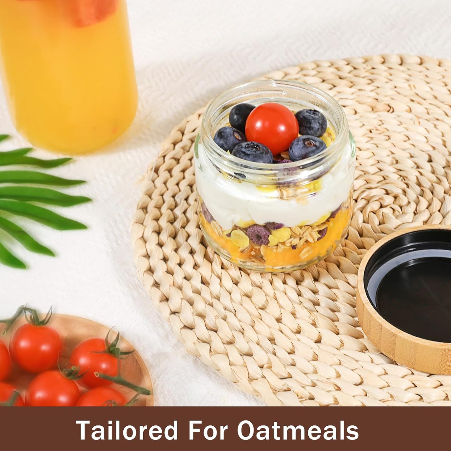 OcePor 4 Pack 10oz Glass Jars with Bamboo Lids, Over Night Oats Container with Airtight Lid, Glass Snack Storage Salad Jars For Food, Yogurt, Sugar and Flour,Coffee Bean, Cookie, Cereal