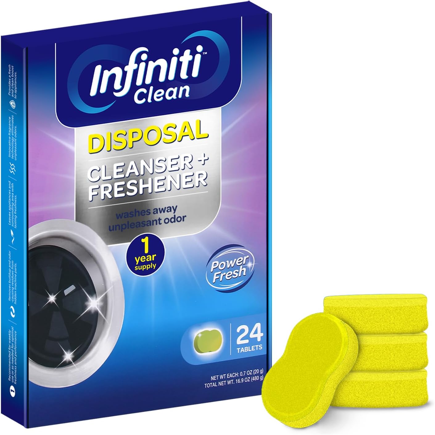 Garbage Disposal Cleaner and Deodorizer Tablets - Kitchen Sink Cleaner and Deodorizer, Septic Safe, Lemon Scent, Removes Odor-Causing Residues (24 Pack)