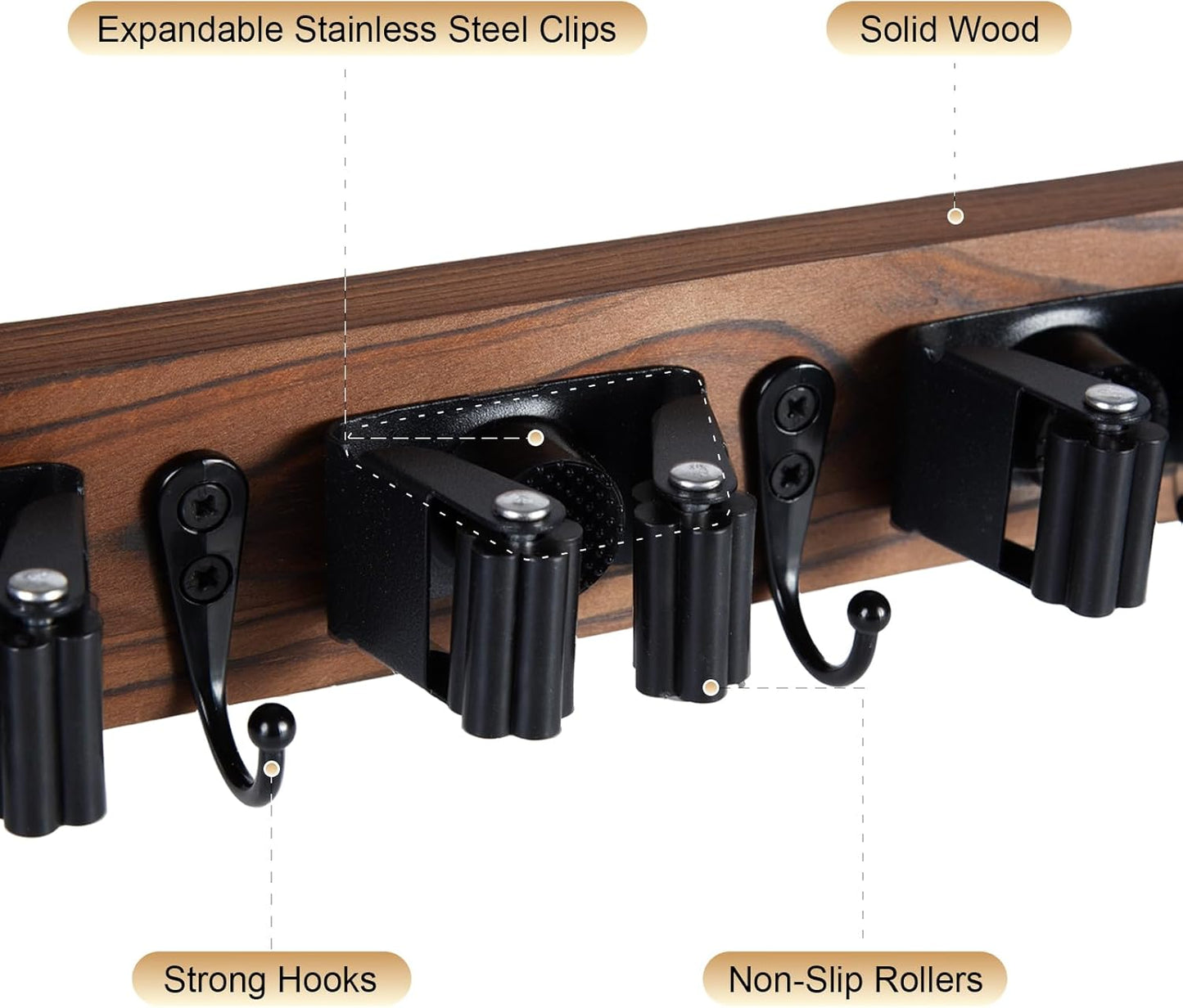 Broom Holder Wall Mount With 5 Slots & 4 Hooks，Rustic Wood Broom & Mop Hanger，Wall Mounted Garden & Garage Tool Storage Organizer Rack for Closet Laundry Room or Kitchen Wall Decor
