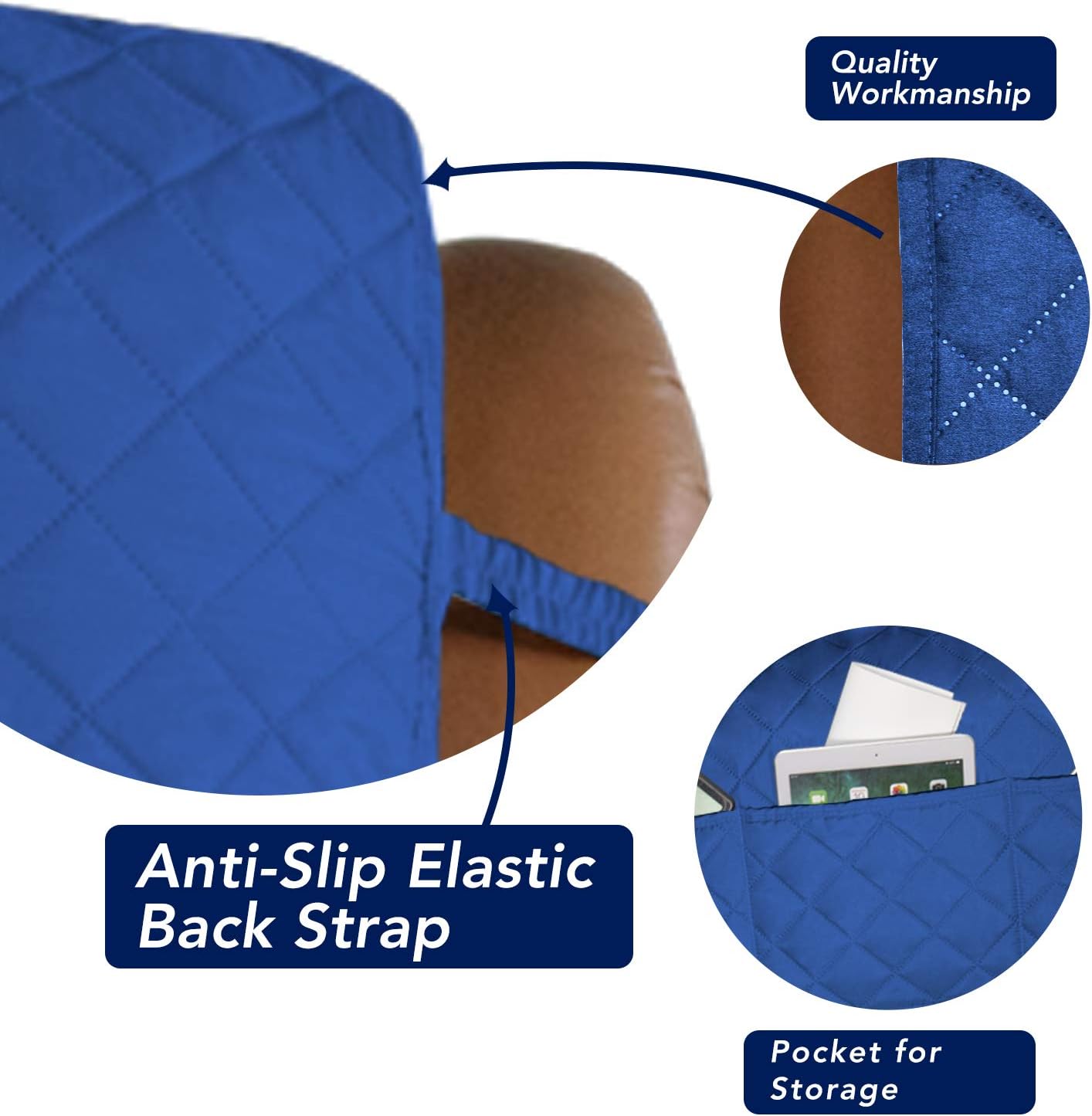 PureFit Reversible Quilted Oversized Recliner Sofa Cover, Water Resistant Furniture Protector, Washable Couch Cover with Elastic Straps for Kids, Pets (Large, Classic Blue/Ivory)