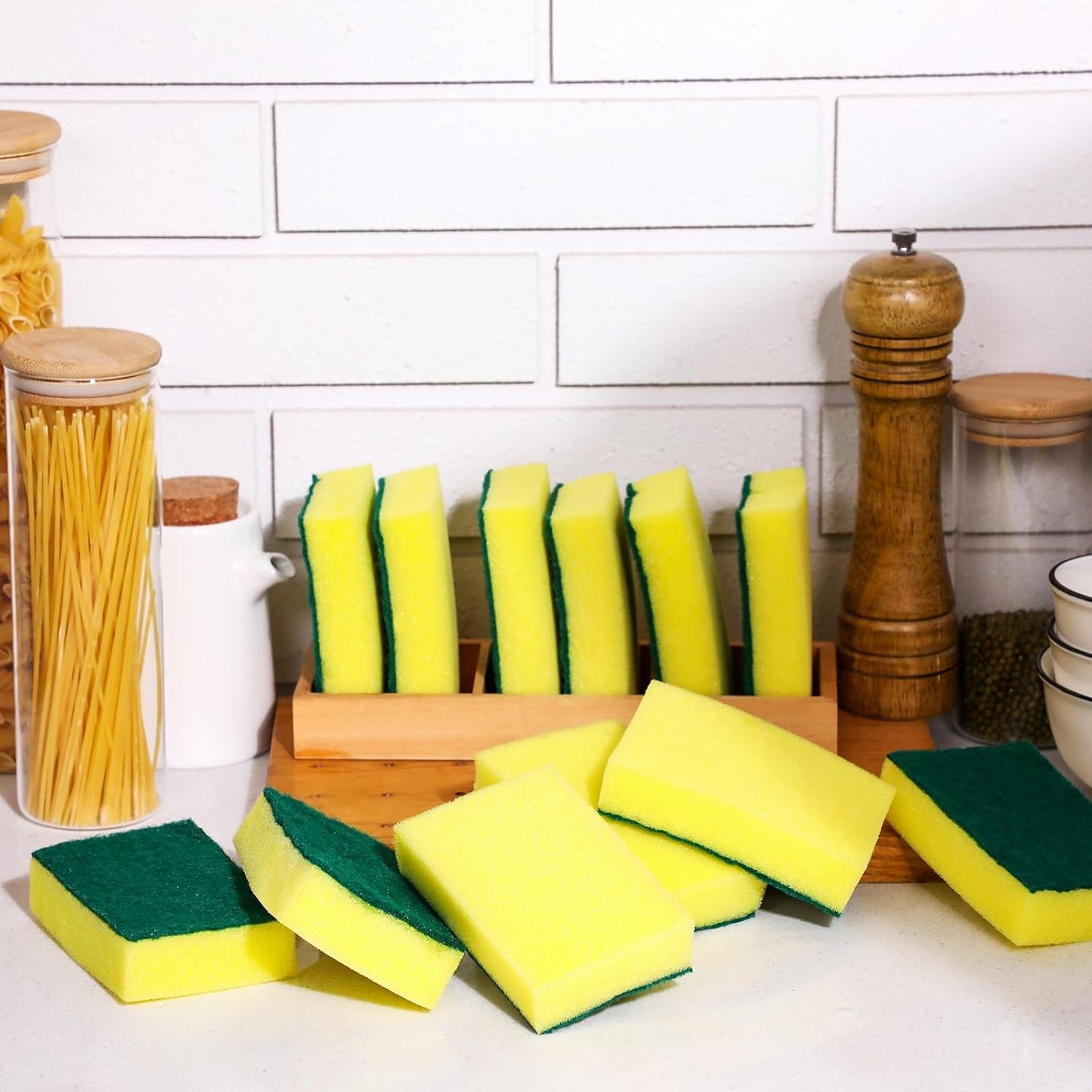 Tanlade 1000 Pcs Individually Wrapped Sponge Dishwashing Sponge Bulk Non Scratch Scrub Sponges Kitchen Scouring Pad for Household Cleaning Rental Dishes Hotel Apartment Car (Yellow,Green)