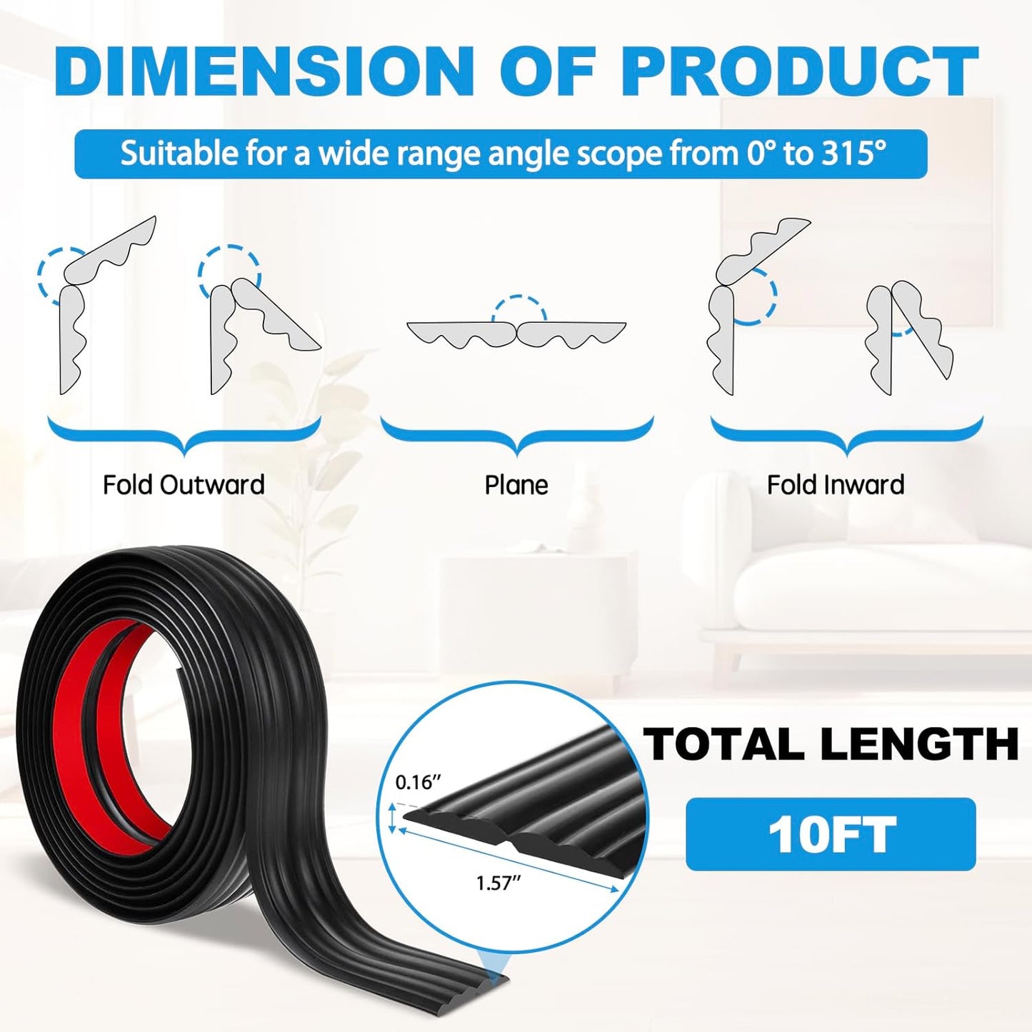 Wall Corner Protector Peel and Stick Corner Trim Molding Flexible Inside & Outside Wall Edge Guard Self Adhesive Moulding Trim for Edge Use, Black, 1.6” W x 10’ L