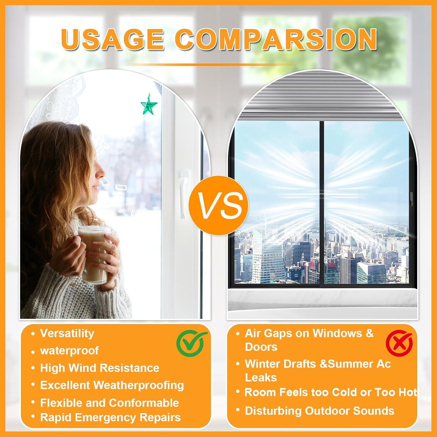 Window Weather Sealing Tape 2 Inch x 90 FT Weather Stripping Residue-Free Window Seal Insulation Tape for Doors Windows and Shower Glass Gaps White