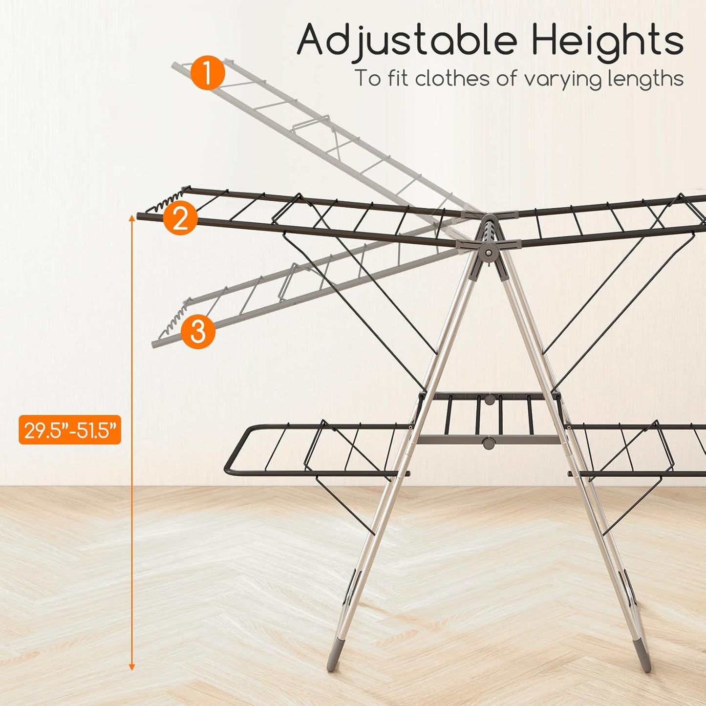 Giantex Clothes Drying Rack, Foldable Laundry Drying Rack with 33 Drying Rails, 3-Level Adjustable Height, Versatile Clips, Wave-Shaped Bars, Collapsible Freestanding Airer for Indoor Outdoor