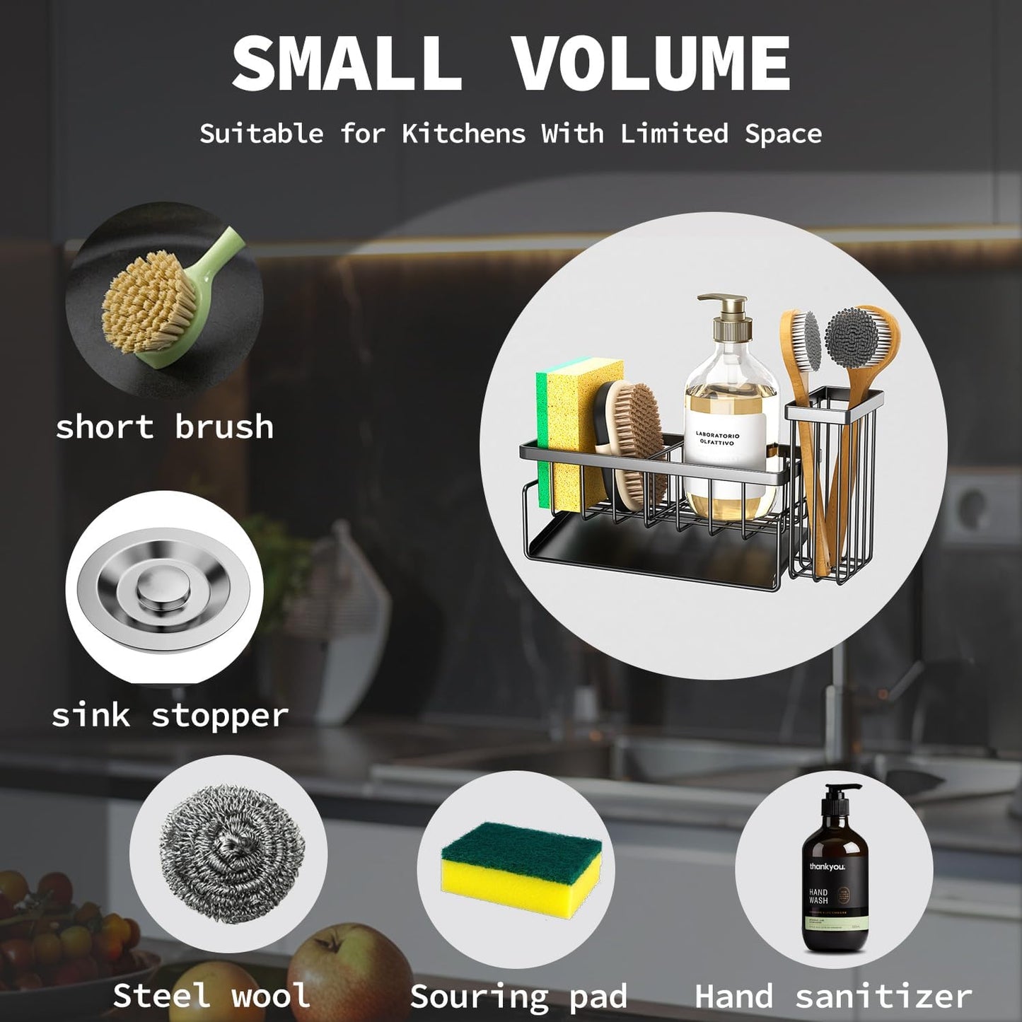 Sponge Holder & Sink Caddy Organizer - Rustproof Kitchen Sink Organizer with High Brush Holder - Kitchen Essentials Countertop Storage Organization (Carbon Black)