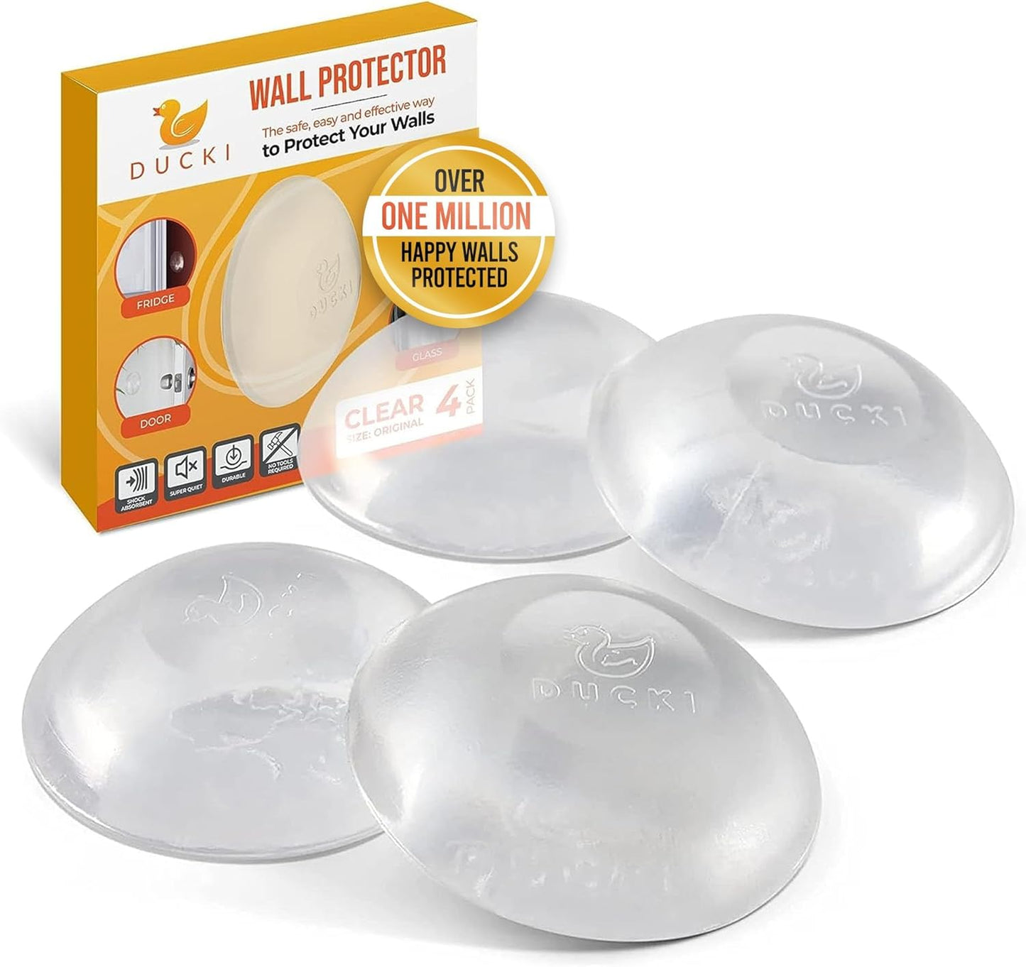Ducki Door Stop Wall Protector | Self Adhesive Door Knob Wall Protectors from Door Knobs | Rubber Door Stoppers for Wall Damage & Noise | Durable, Shock Absorbent & Discreet | 4 Pack Clear Door Stops