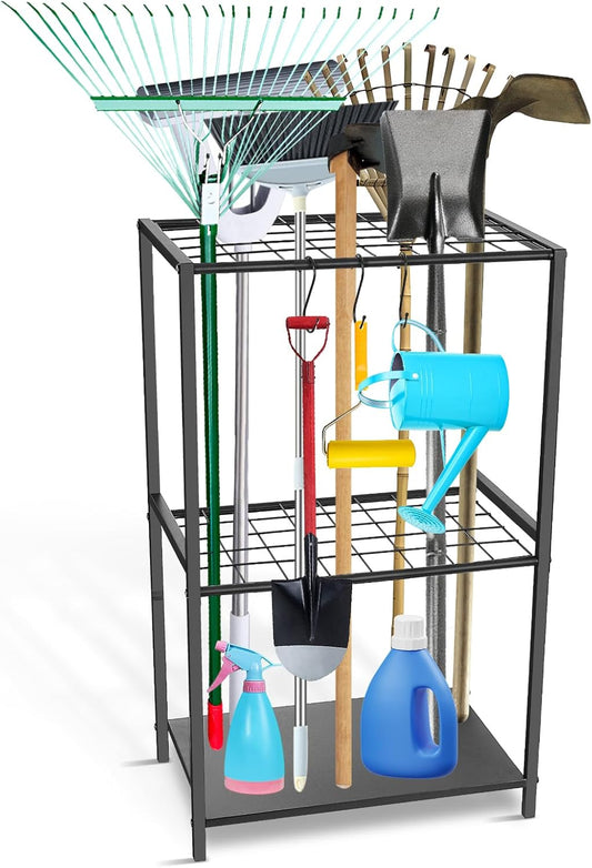 Garden Tool Organizer - Yard Tool Storage and Organizers, Utility Rack with 3 Hooks, Garden Yard Tool Stand Tower Racks, Tool Holder for Broom, Shovel, Rake, Mop, Garage Organization, Black