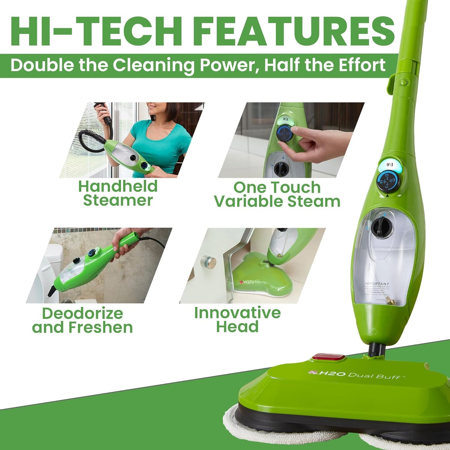 H2O X5 Dual Buff Steam Mop, 8 in 1 Handheld Steam Cleaner For Kitchen Tile Floors, Hardwood Floors, Grout Cleaner, Upholstery Cleaner and Carpets, 2 washable scrub pads, 11 cleaning accessories