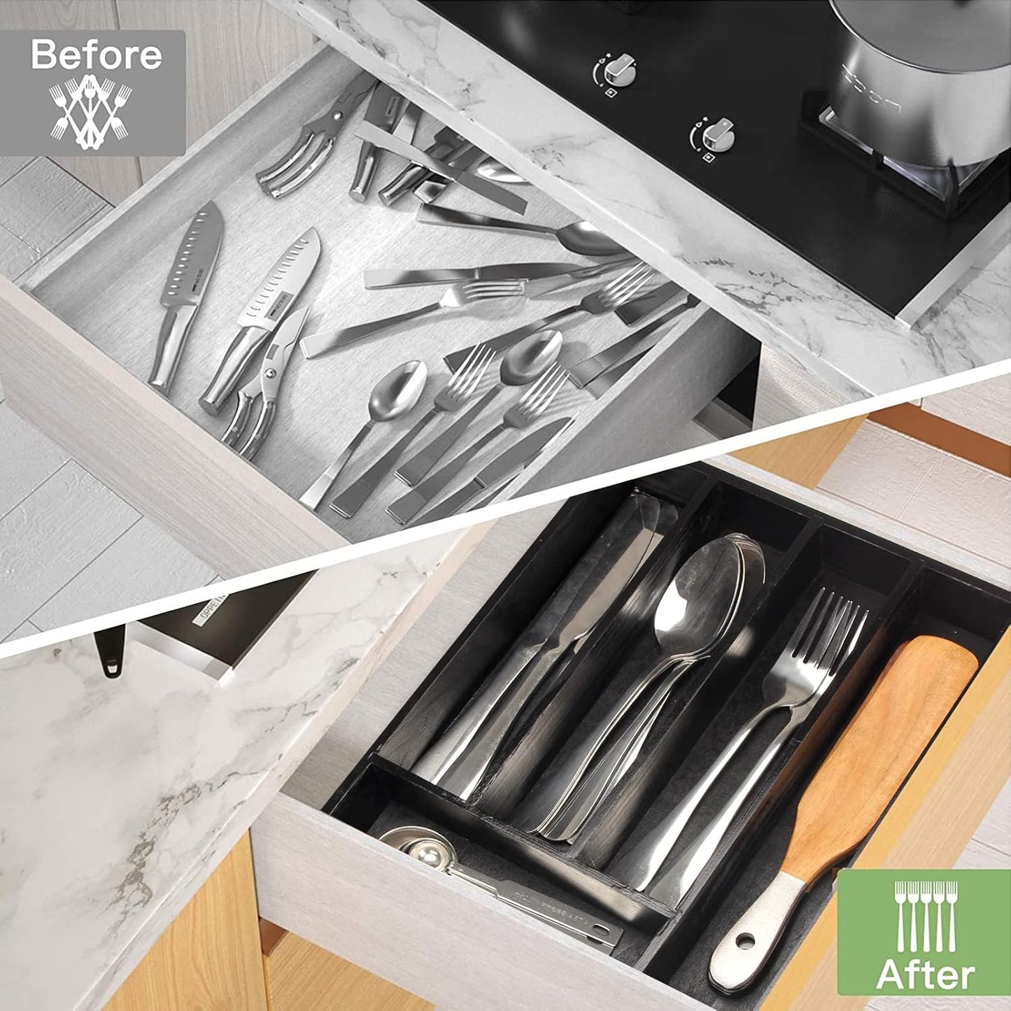Kitchen Wood Utensil Tray Silverware Drawer Organizer Wooden Cutlery Trays Flatware Organizers Divider 14.6"x9.5" Silverware Tray Spoon Fork Organizer Black Bamboo Cutlery Utensil Holder for Drawer