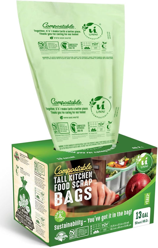 UNNI Compostable Trash Bags, 13 Gallon / 49.2 Liter, 50 Count, Extra Thick 0.9 Mil Tall Kitchen Food Scrap Bin Liners, Certified by BPI, CMA & OK compost HOME, Meets the ASTM D6400 Standard