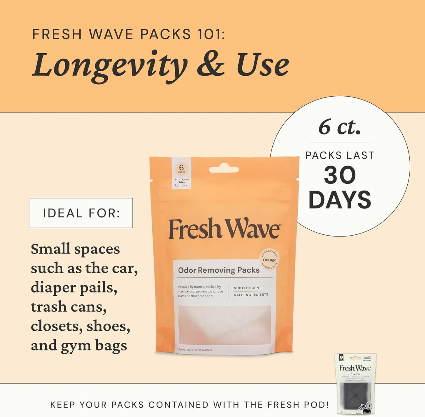Fresh Wave Orange Odor Eliminating & Deodorizing Packs - Bag of 6 & Fresh Pod Case