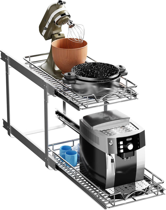 HOLDN’ STORAGE Two Tier Pull Out Cabinet Organizer, Individual Sliding Drawers - Heavy Duty Metal with Lifetime Limited Warranty - Anti Rust Chrome Finish - 11" W x 21”D x 16.5" H