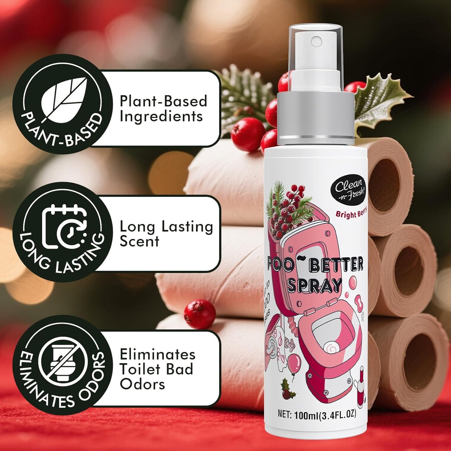 Clean-n-Fresh Toilet Spray, Holiday Pack Gift Set - 6.8 Fl Oz Balsam & Cedar and Bright Berry, Bathroom Odor Deodorizer, Up to 400 Uses