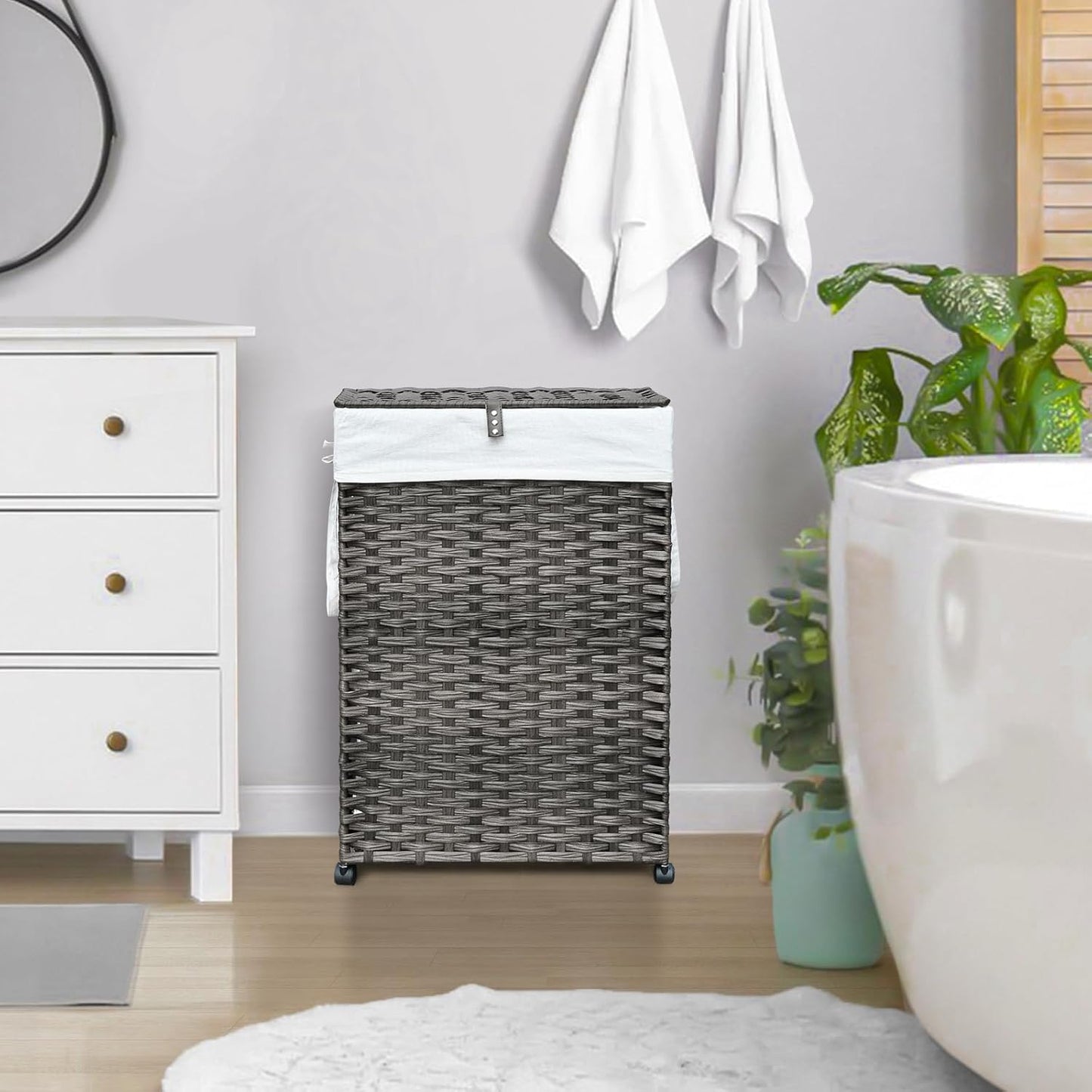 70L Slim Laundry Hamper with Lid & Wheels, 2-Park Rolling Laundry Basket with 4 Removable Liner Bags & 3 Mesh Bags, Narrow Dirty Clothes Basket, Foldable Handwoven Rattan Laundry Sorter, Grey