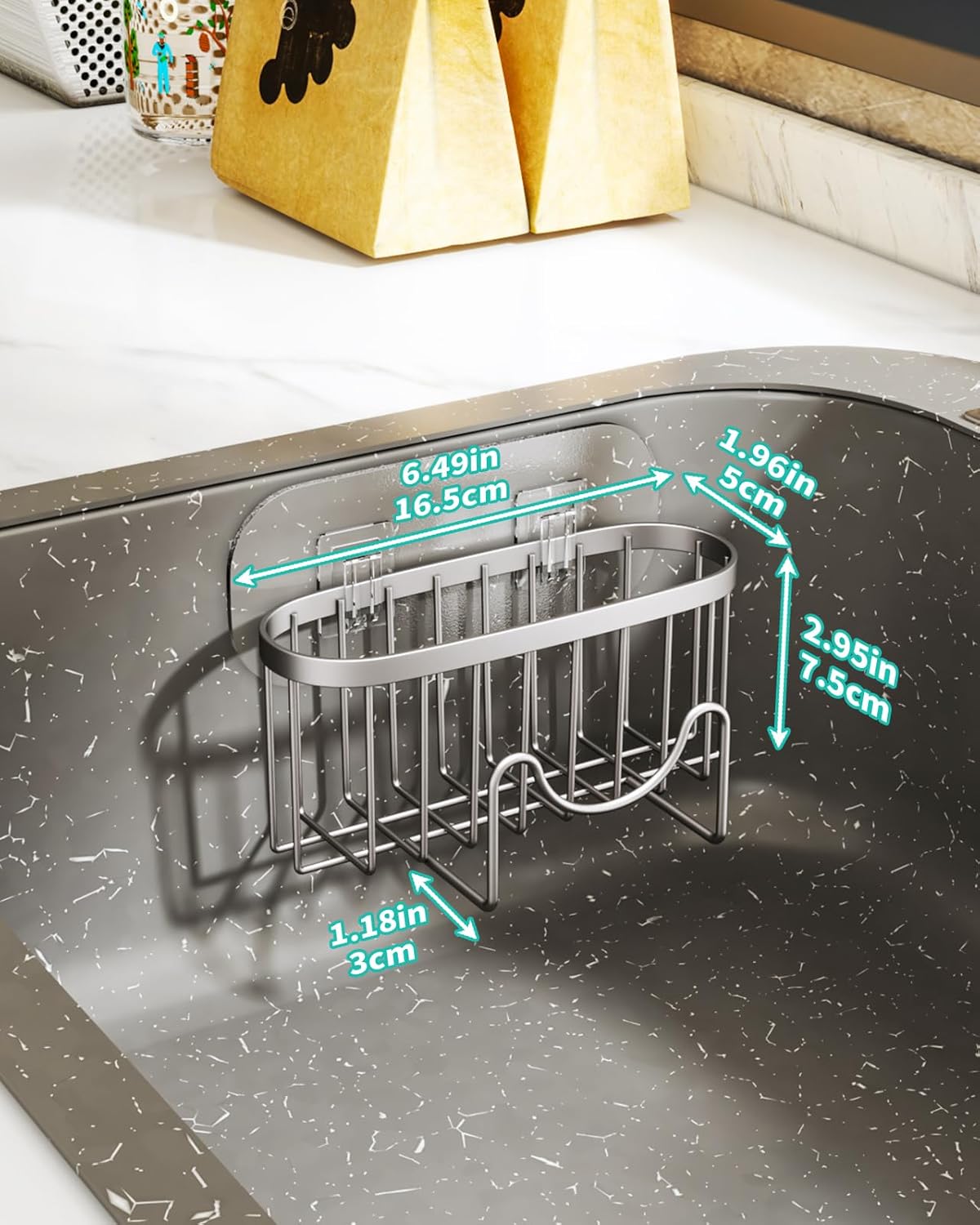 HapiRm Multifunctional Kitchen Sponge Holder with Unique M-Shaped, 2 Installation Ways Sink Caddy, Stainless Steel Kitchen Organizer for Sponge, Brush, Sink Stopper and Scraper -Brushed Nickel