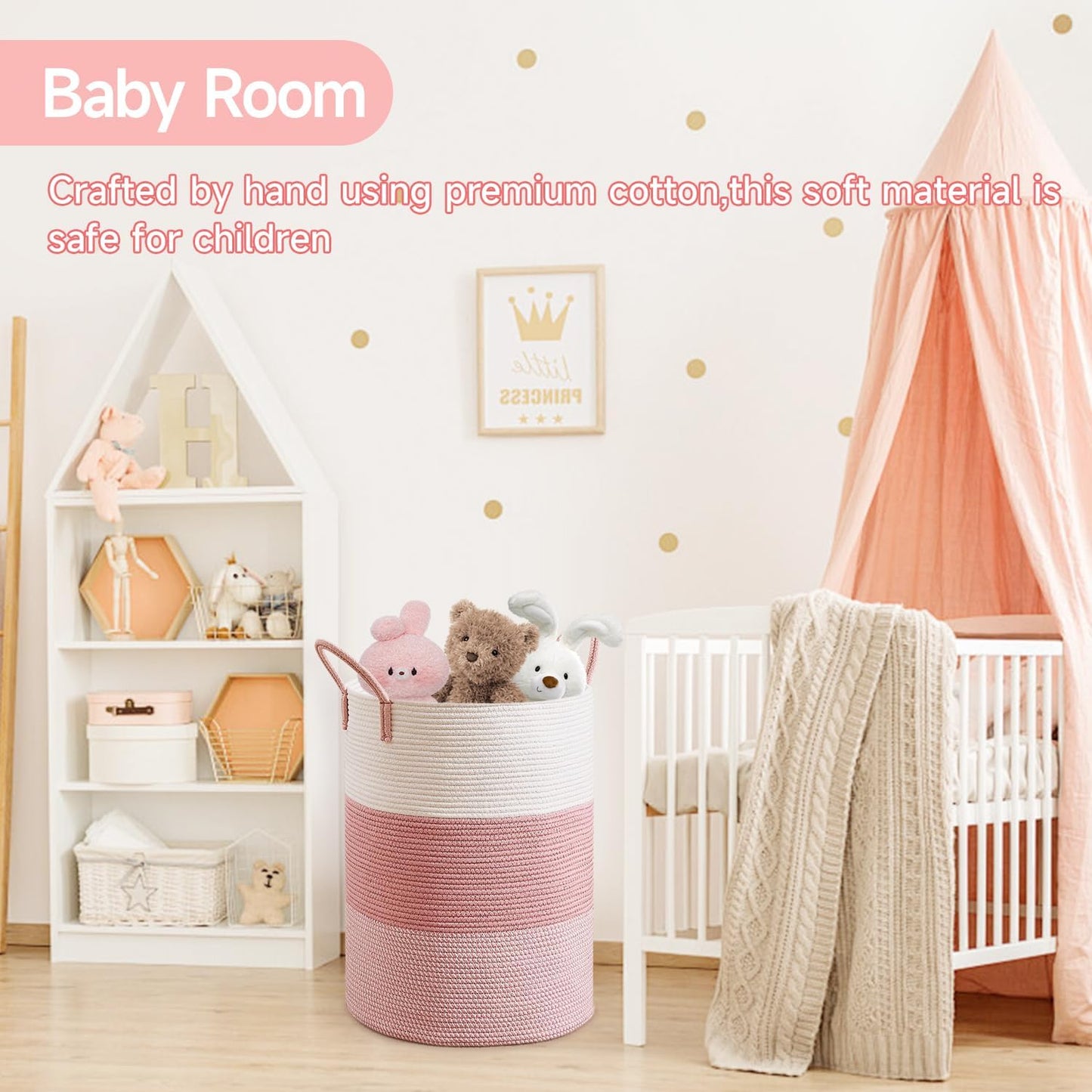 CLHMILY&Z 80L Laundry Basket Round Storage Rope Basket - 16.5x22.5 Inches - Pink Hamper in Bedreoom and Cute Storage Bin for Blankets, Toys, and Nursery Essentials