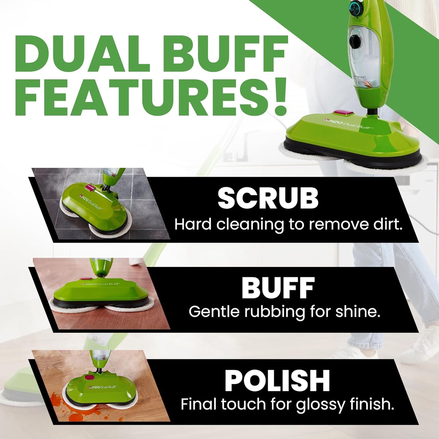 H2O X5 Dual Buff Steam Mop, 8 in 1 Handheld Steam Cleaner For Kitchen Tile Floors, Hardwood Floors, Grout Cleaner, Upholstery Cleaner and Carpets, 2 washable scrub pads, 11 cleaning accessories