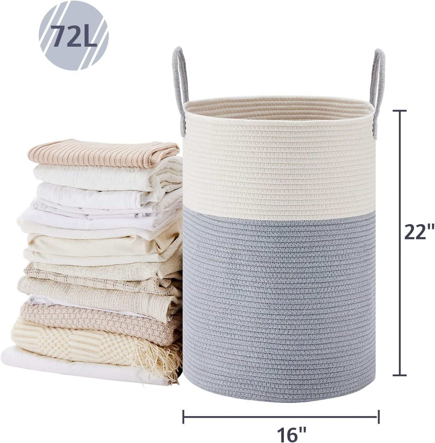 VIPOSCO Large Laundry Hamper, Tall Woven Rope Storage Basket for Blanket, Toys, Dirty Clothes in Living Room, Bathroom, Bedroom - 72L Grey & White