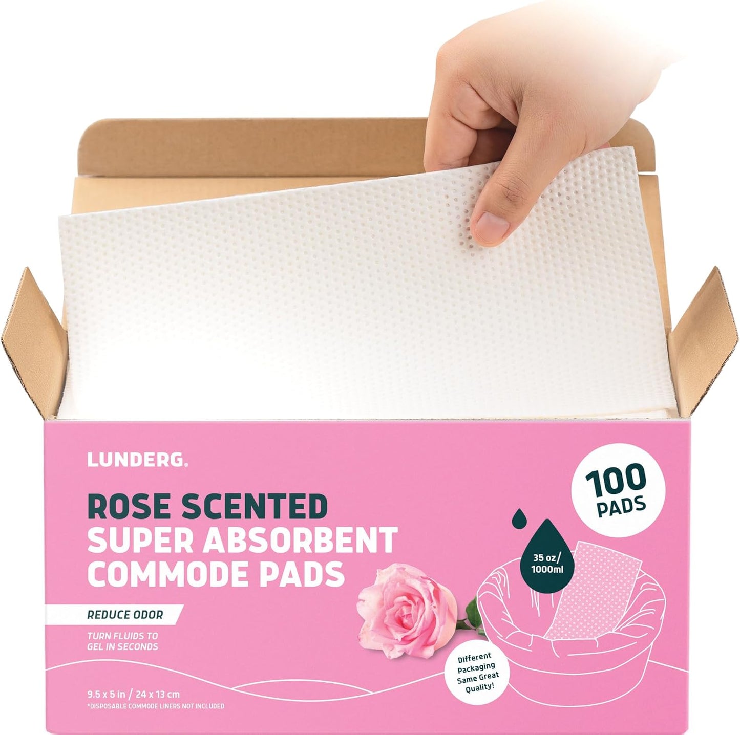 Lunderg Rose Scented Super Absorbent Commode Pads - Medical Grade Value Pack 100 Count - for Disposable Bedside Commode Liners, Adult Chairs, Portable Buckets & Camping Toilet Bags - Light Scent