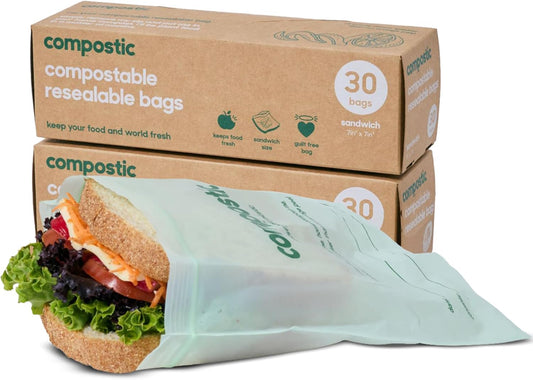 Compostic Home Compostable Resealable Sandwich Bags (7"x7"), Microwave & Freezer Safe, Organic Food Storage Container, 30 Count (Pack of 2)