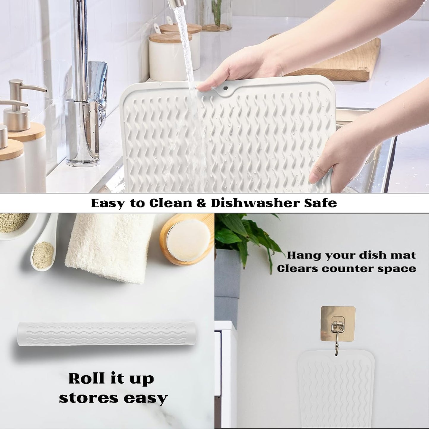 ZLR Silicone Dish Drying Mat for Kitchen Counter, Eco-Friendly Fast Dry Dish Mat, Easy Clean Multi Usage Drying Matt, Heat Resistant Trivet, 12" x 12" Middle, Milk White