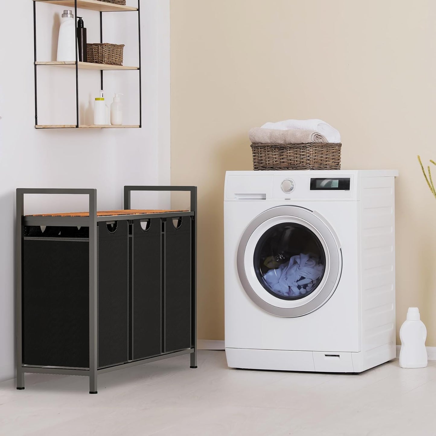 Laundry Hamper, Laundry Sorter with 3 Pull-Out Removable Oxford Fabric Bags Cloth Laundry Basket 3 x 10 Gallons (Black and Rustic Brown)