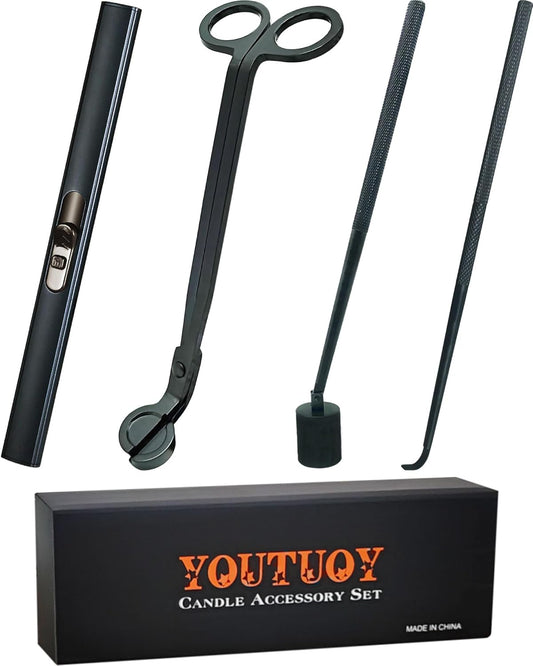 4 in1 Candle Accessory Set with Rechargeable Candle Lighter, Candle Wick Trimmer, Candle Wick Snuffer, Candle Wick Dipper, Candle Care Kit (Matte Black)