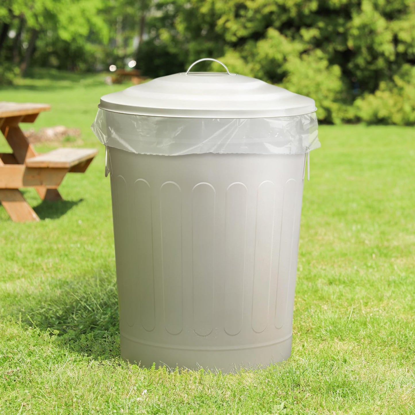 Plexon Round Trash Can 13 Gallon, Vintage Metal Outdoor Trash Can with Lid, Retro Farmhouse Garbage Container, Old School Modern Ash Bucket, Beige 6 Pack