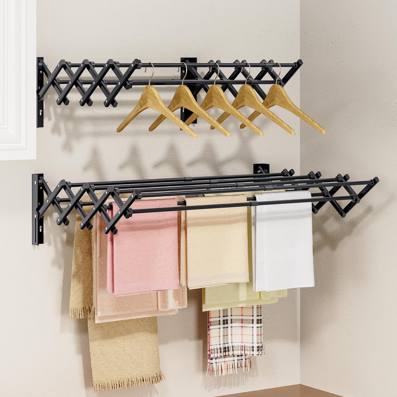 APEXCHASER Clothes Drying Rack Wall Mount, Laundry Drying Rack, Accordion Collapsible Clothes Airer, Towel Racks for Bathroom Balcony Laundry Room Wall Mounted, Drying Rack for Clothing, Black