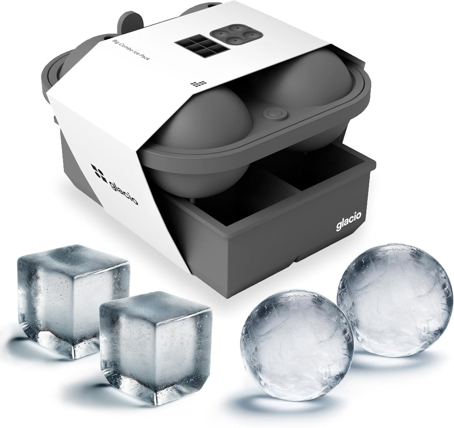 glacio Ball Ice Cube Tray and Big Ice Cube Molds for Whiskey, Slow-Melting, 100% Silicone, No-Plastic, Easy Release, Ideal for Gifting and Elevating Cocktails