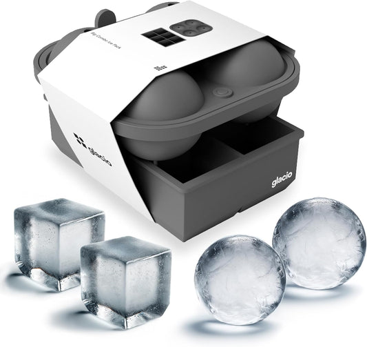 glacio Ball Ice Cube Tray and Big Ice Cube Molds for Whiskey, Slow-Melting, 100% Silicone, No-Plastic, Easy Release, Ideal for Gifting and Elevating Cocktails