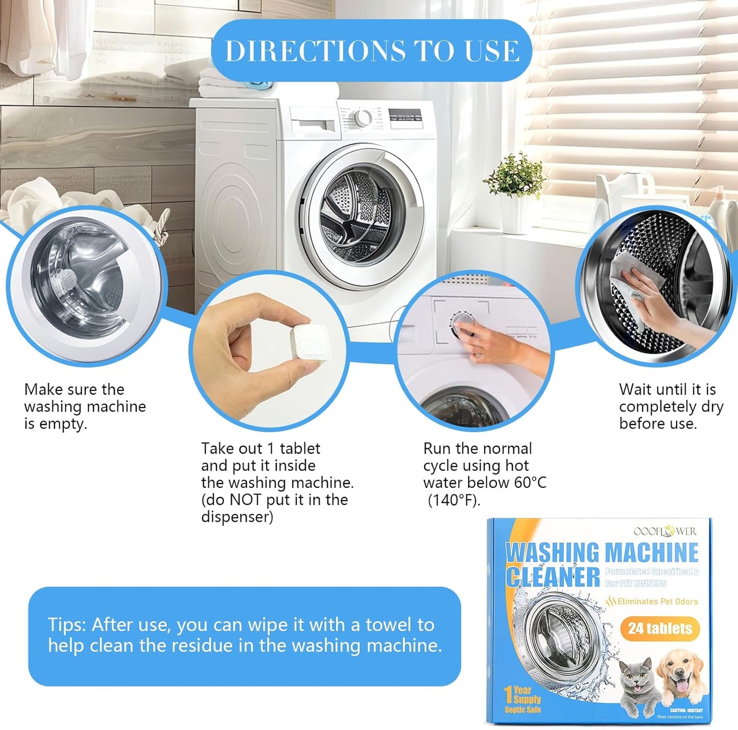 Washing Machine Cleaner Tablets 24 Pack, Formulated for Pet Owners, Deodorizer, Work with Top & Front Load, HE, Deep Cleaning Descaler, Removes Residue and Odors, Septic Safe