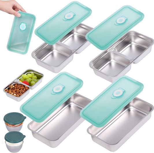 6 Pack Stainless Steel Snack Containers with Lids, 2-Compartment Bento Box, Lunch Box & Salad Dressing Container To Go, Leakproof Food Storage for Adults, Dishwasher Safe for Travel Office