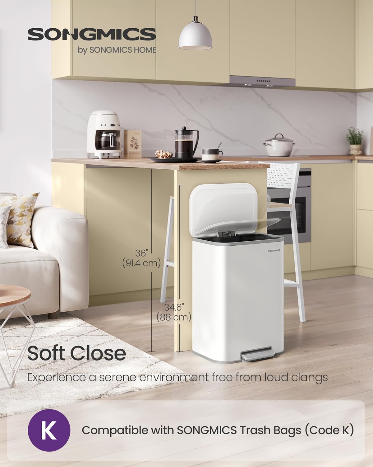 SONGMICS Kitchen Trash Can, 13-Gallon (50 L) Garbage Can with Lid, Stainless Steel, Soft Close and Stays Open, Inner Bucket, Wide Non-Slip Pedal, Cloud White ULTB547W01