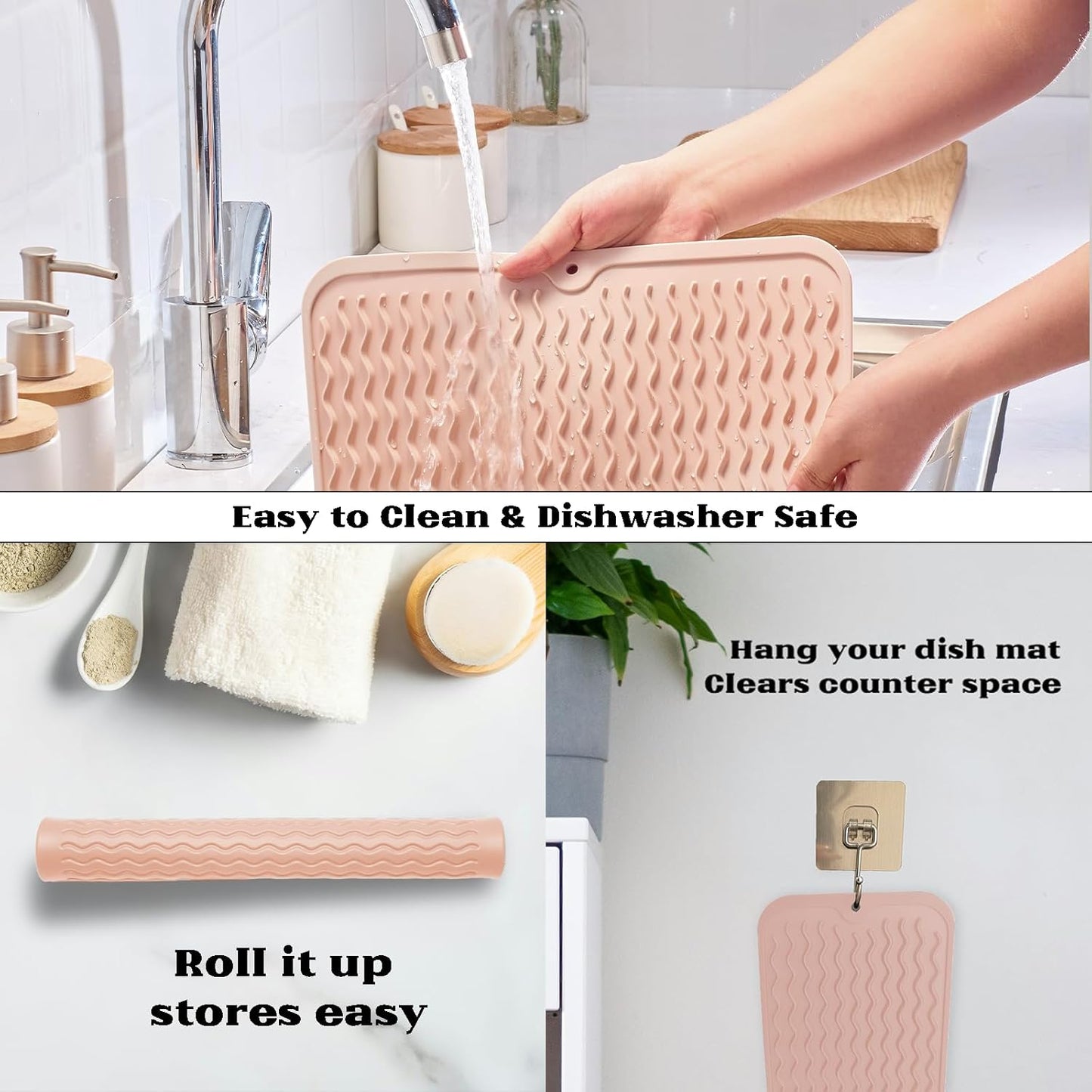 ZLR Silicone Dish Drying Mat for Kitchen Counter, Eco-Friendly Fast Dry Dish Mat, Easy Clean Multi Usage Drying Matt, Heat Resistant Trivet, 12" x 12" Middle, Peach Pink