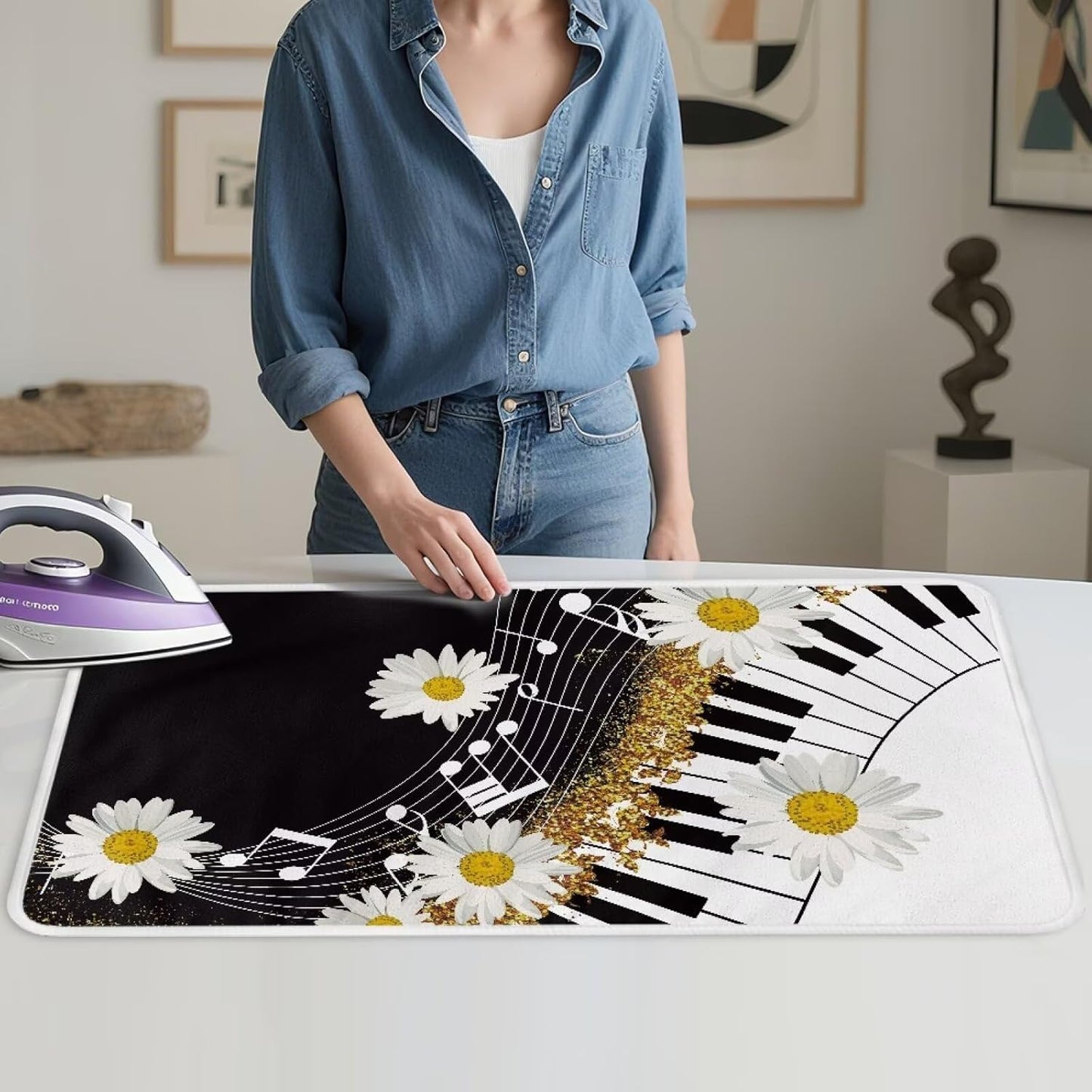Music Ironing Pad Ironing Blanket Thick Travel Iron Pad Heat Resistant Ironing Board Cover for Table Top, Washer, Dryer,32 x 16 Inch Ironing Mats,Black Piano Daisy