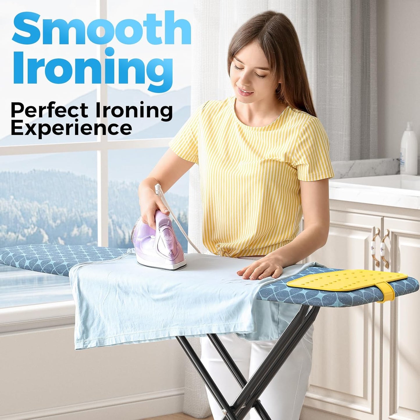 KINGBOARD Ironing Board, Compact Iron Board with Silicon Iron Mat, Heat Resistant Cover, 7 Height Adjustable, Foldable Ironing Board Wall Mount Hanger, 13x43 Yellow