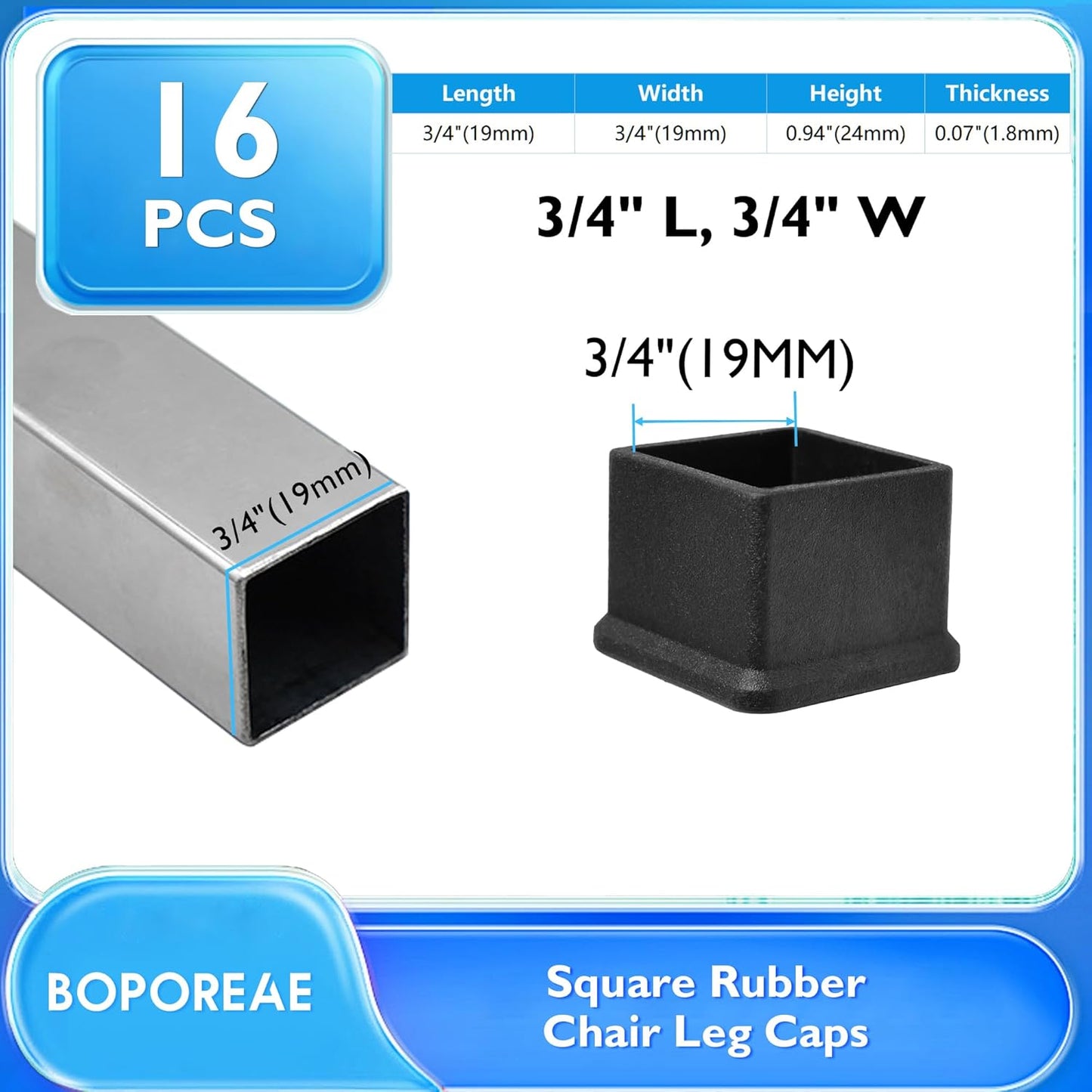 16 Pcs 3/4" x 3/4" Square Rubber Chair Leg Caps, PVC Table Leg Covers, Flexible & Anti-Slip Furniture Leg End Caps, Chair Leg Floor Protectors for Bar Stool Leg Patio Indoor, Black