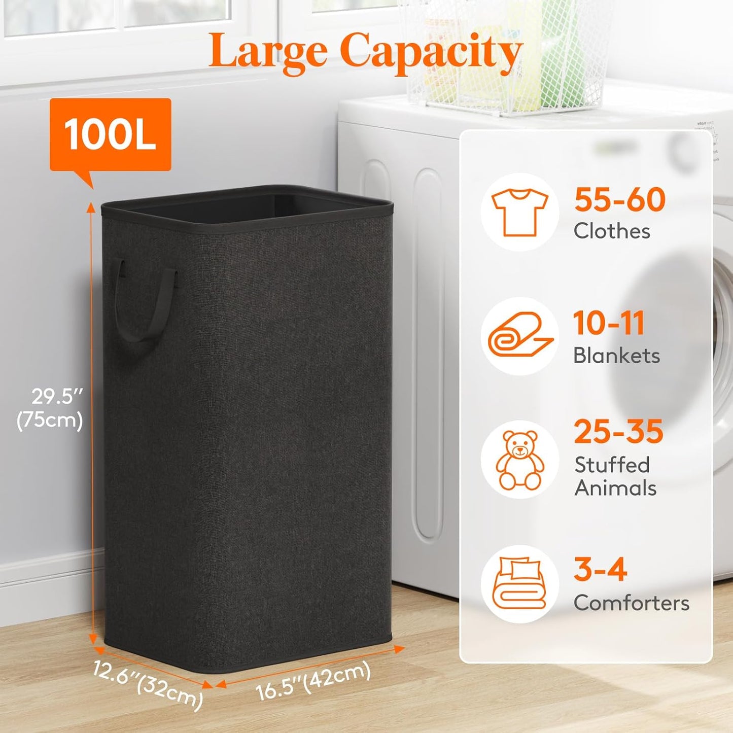 Lifewit 100L Large Tall Laundry Hamper, Collapsible Laundry Basket with Handles, Foldable Clothes Hampers for Laundry, Portable Dirty Clothes Hamper for Dorm College Bedroom Bathroom, Black