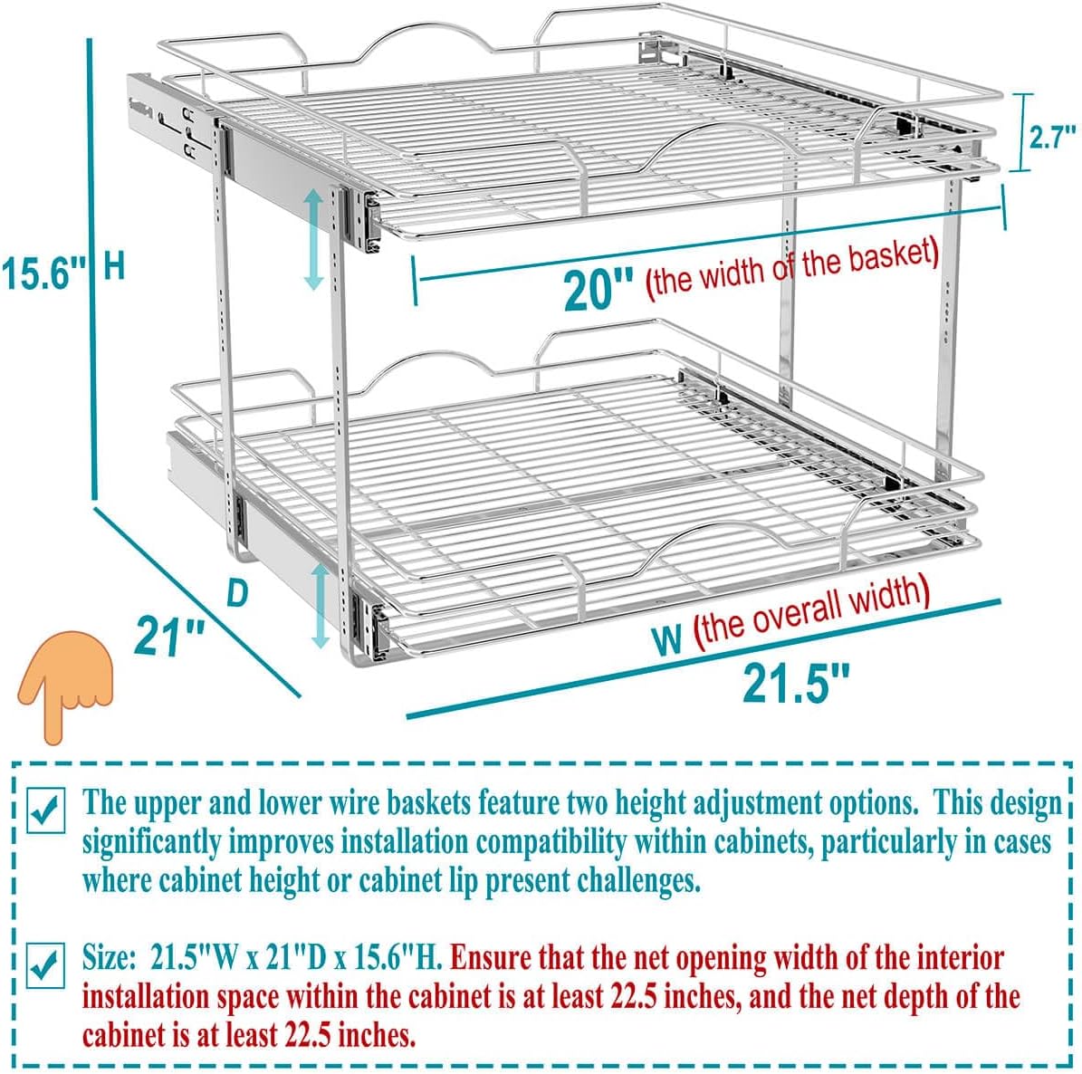 OCG 2 Tier Pull Out Cabinet Organizer (21.5" W x 21" D), Pull Out Drawers for Kitchen Cabinets, Pull Out Shelves for Base Cabinet Organization in Kitchen Bathroom Pantry, Chrome Finish