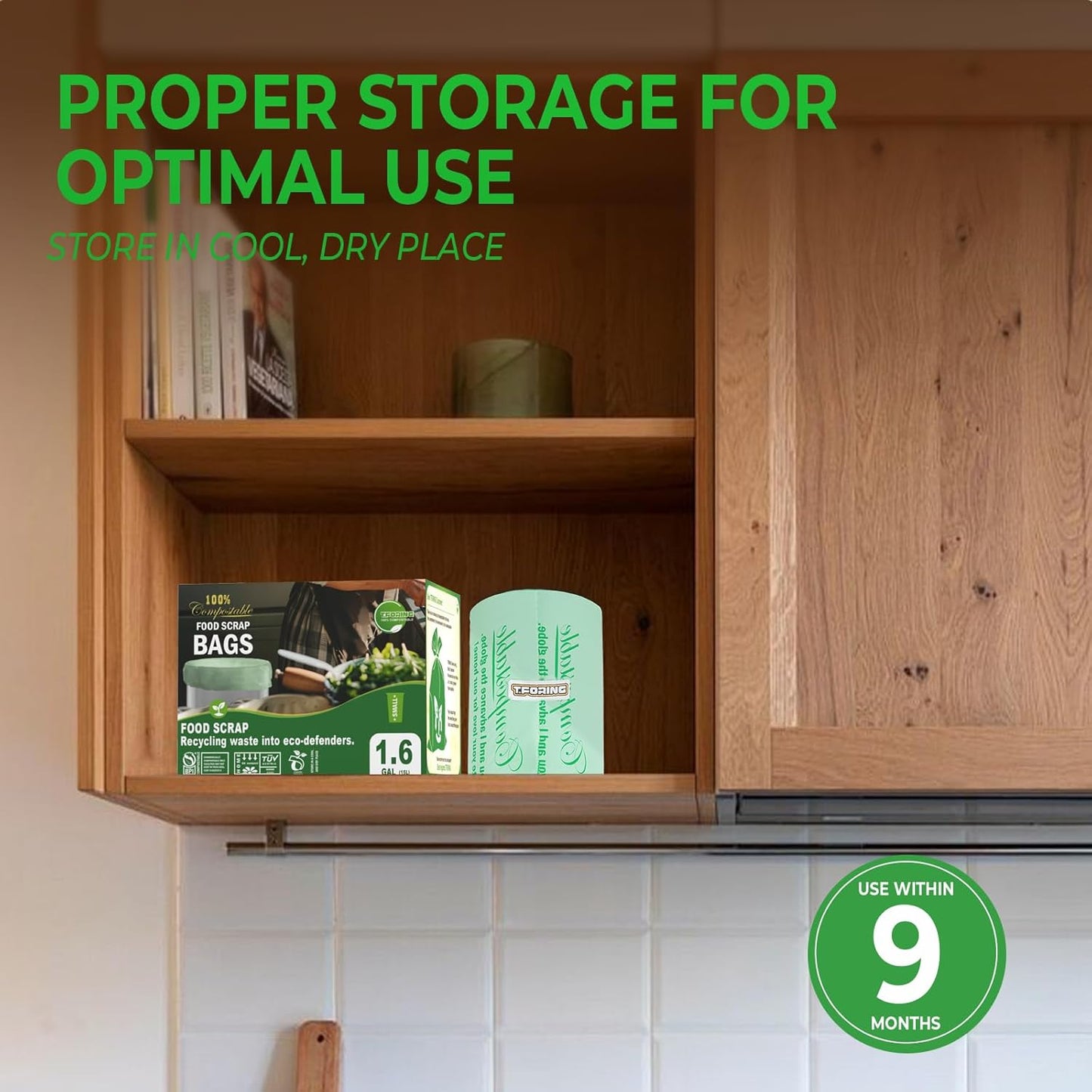 1.6 Gallon Handle Tie Compostable Food Scrap Bags For Counter Top Compost Bin, Small Compost Bags, 80 Count, 6 Liter, BPI & OK compost INDUSTRIAL Certified