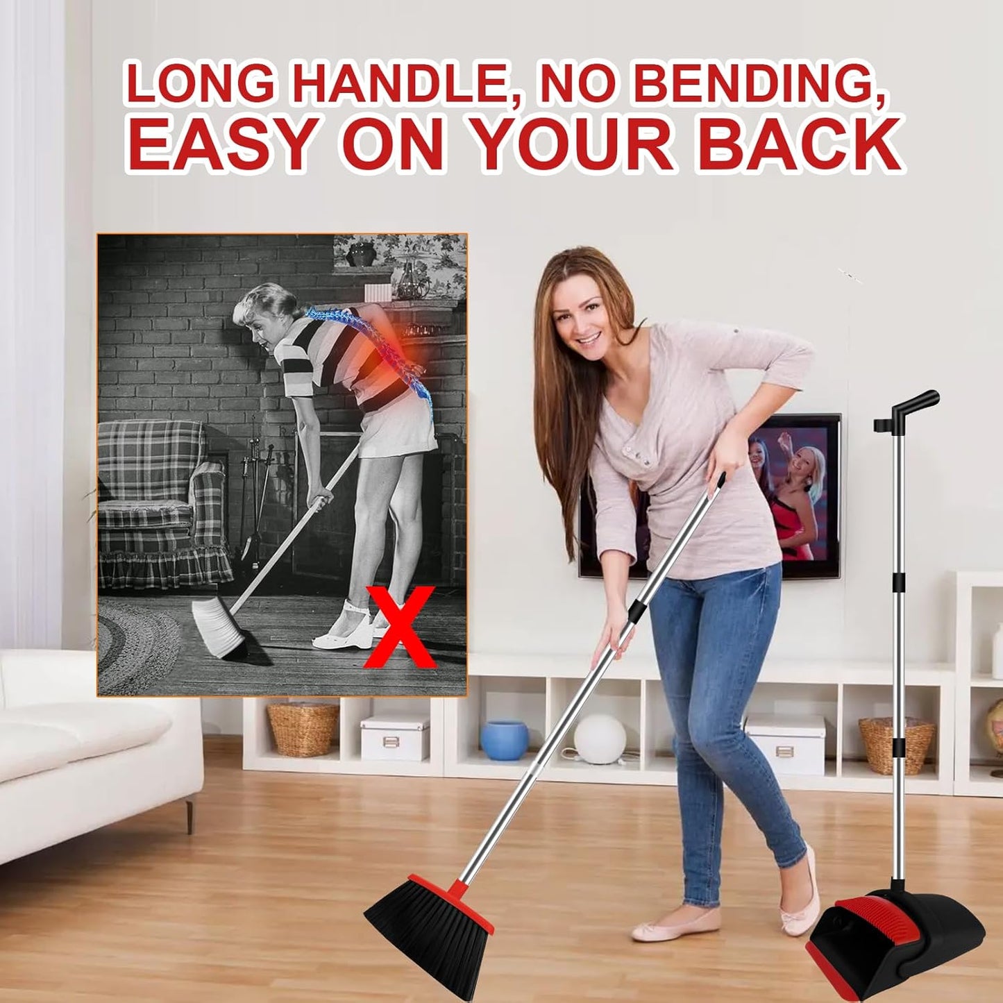 Broom and Dustpan Set for Household, Red Broom with Dustpan Combo Set, 51" Long Handle Dust pan Set for Dog Cat and Hair Clean