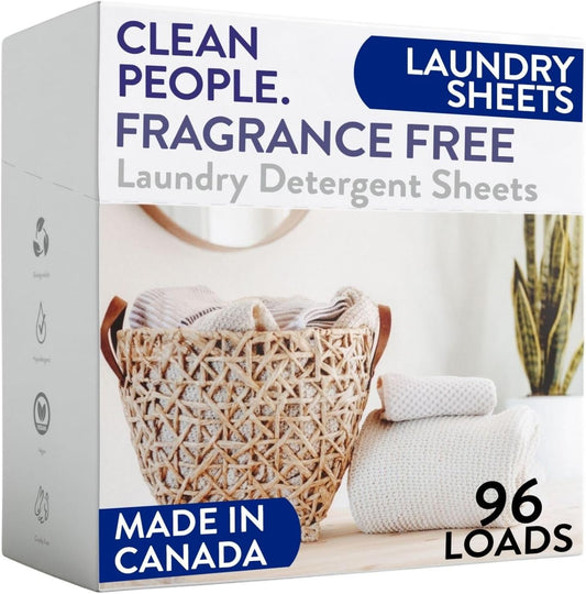 The Clean People Fragrance Free Laundry Detergent Sheets - Laundry Soap - Ultra Concentrated, Recyclable Packaging, Stain Fighting - Fragrance Free, 96 Pack
