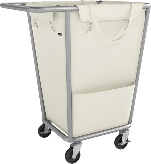 SONGMICS Laundry Basket with Wheels, 34.3 Gallons (130 L) Rolling Laundry Hamper with Removable Bag, Heavy-Duty Steel Frame with Handle, Cream White URLS008W01